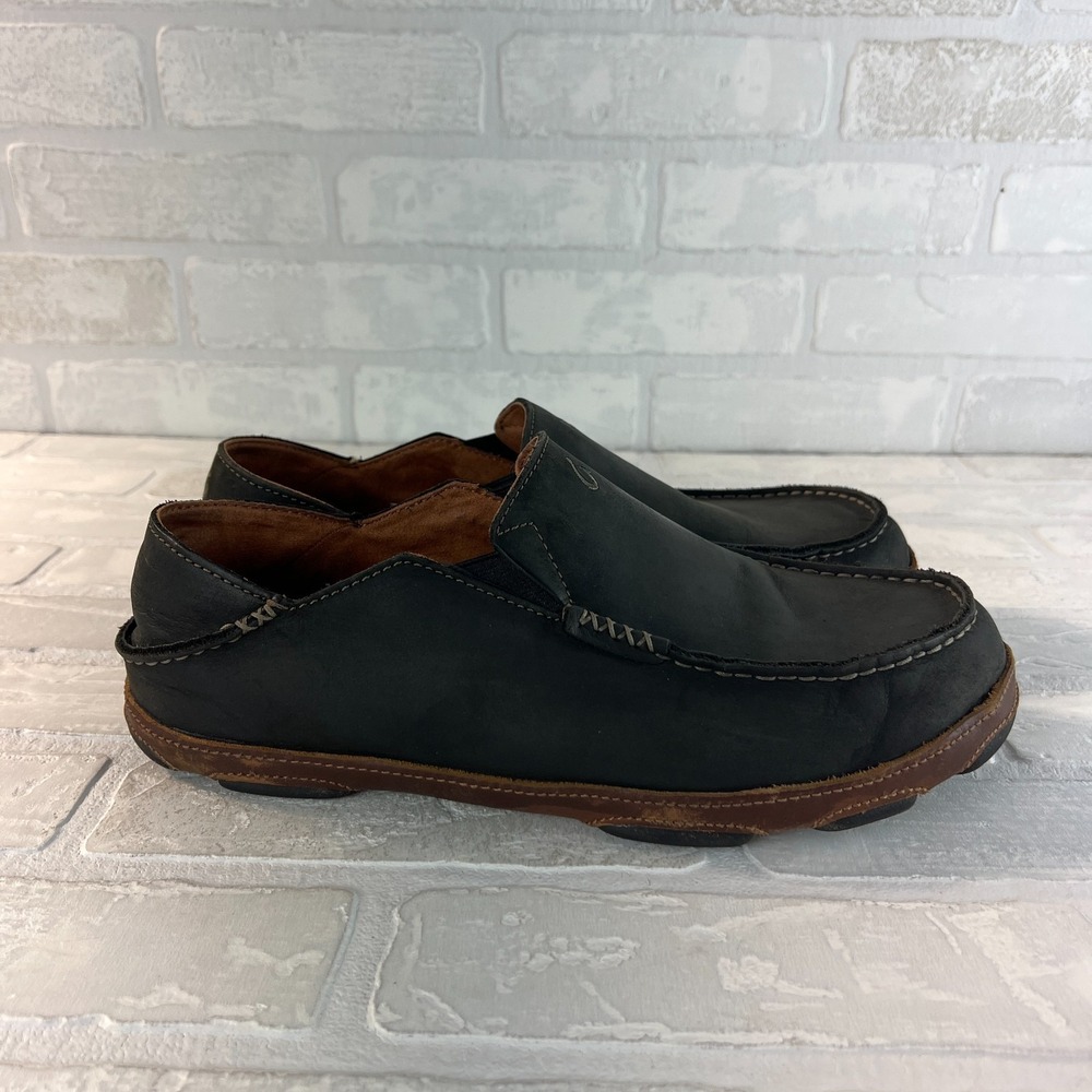 Olukai Moloa Shoes Mens 11 Black Convertible Leather Slip On Casual Moc Loafers - Picture 2 of 14